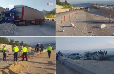 Kaza yapan TIR’dan fırlayan mermerler minibüsü parçaladı: 1 ölü, 3 yaralı